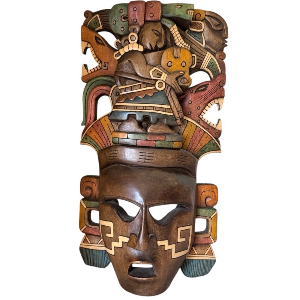 Handcrafted Wooden Mask Wall Hanging Art Ixchel Mayan Mexican Aztec Sculpture - Picture 12 of 12